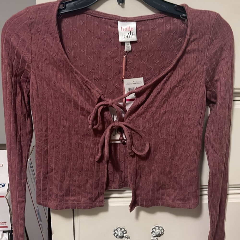 Women’s Rose Brown Stretch Tie Long Sleeve Open Front Top Juniors Size XS NWT